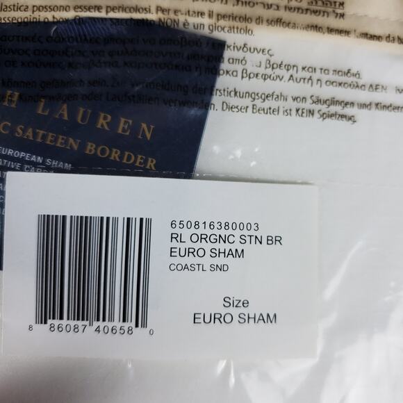 NEW RALPH LAUREN Organic Cotton Sateen Border Euro Sham Coastal Sand 624 TC - Picture 5 of 7